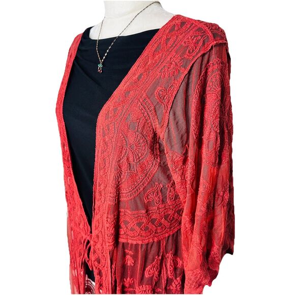 Vivid Collection Open Cardigan SZ M Red Crochet Lace Short Sleeve Top Boho Fall - Picture 9 of 15